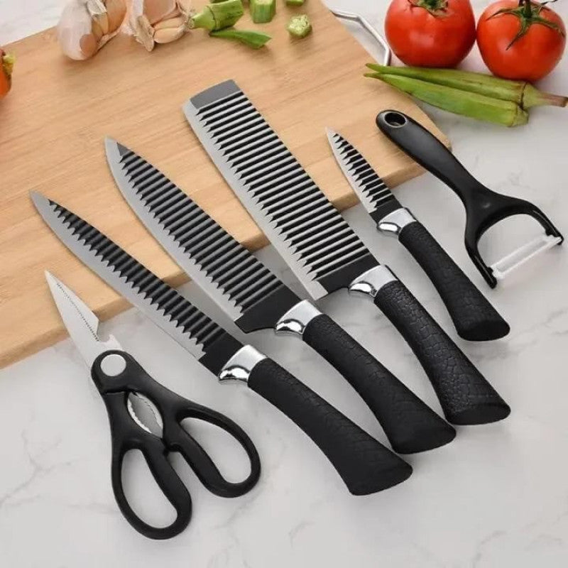 6 Pcs Steel Knife Set - Black Wave Pattern