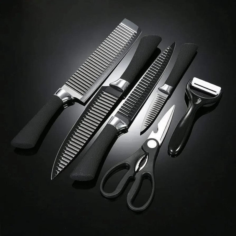 6 Pcs Steel Knife Set - Black Wave Pattern