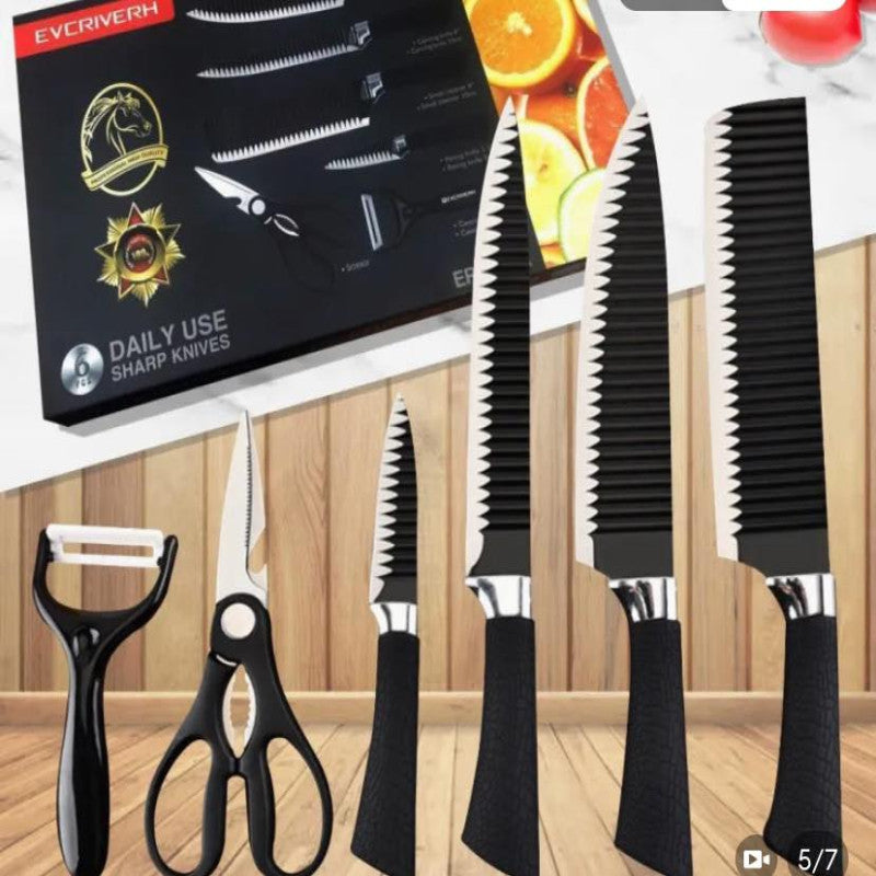 6 Pcs Steel Knife Set - Black Wave Pattern