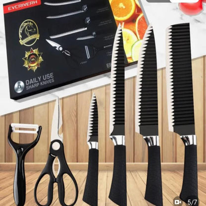 6 Pcs Steel Knife Set - Black Wave Pattern